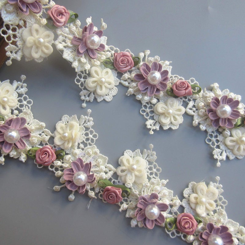 BOGZON 1 Yard Elegant Vintage Style Apricot Polyester Lace Flower Pearl Beads Ribbon Trim in 5.5 cm Width for Wedding Decoration - Image 5